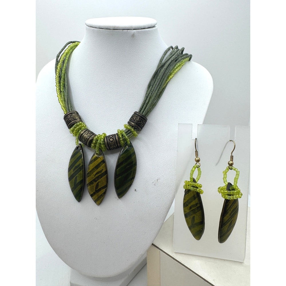 Olive Green Leaf Pendant Multi Strand Necklace and Earring Set Boho Earthy